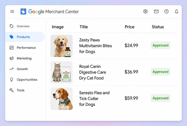 Three approved veterinary practice products with photograph and price in Merchant Center