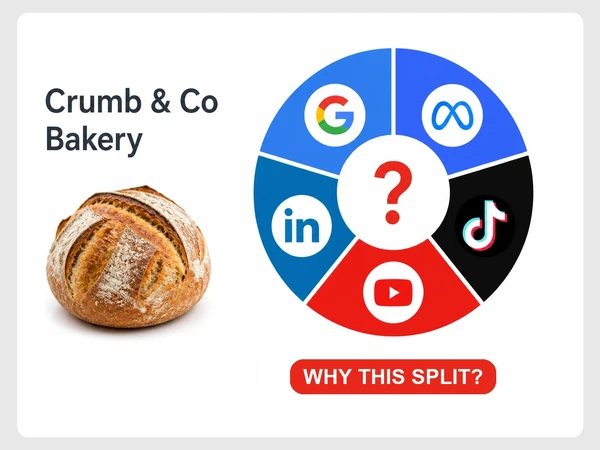 Crumb & Co Bakery splits its budget equally across five platforms without explaining the split.
