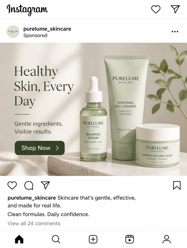 An Instagram feed advertisement for a skincare brand with a shop now button