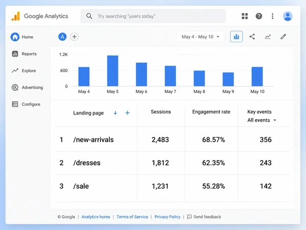 A landing pages report showing which fashion boutique page turns visits into enquiries