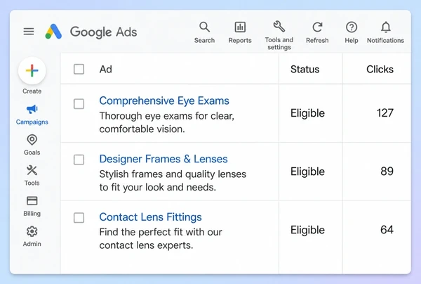 Three live search adverts for an optometry practice listed in Google Ads