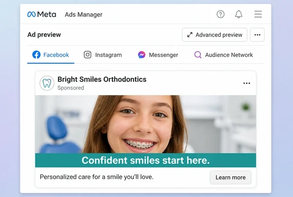 An orthodontic practice advert previewed in the Meta Ads Manager feed placement