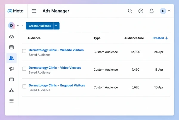 Three saved audiences of past dermatology clinic visitors in Meta Ads Manager