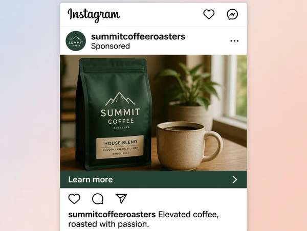 A sponsored coffee roastery post in the Instagram feed with a learn more bar