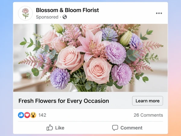 A sponsored florist post in the Facebook feed with a learn more button