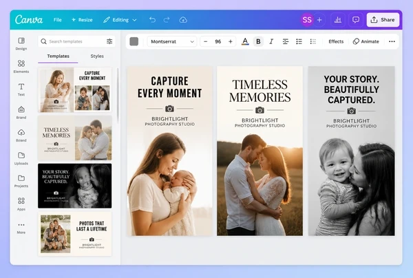 Three versions of one photography studio advert laid out side by side in Canva