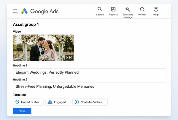 A video campaign in Google Ads holding one wedding planner YouTube advert