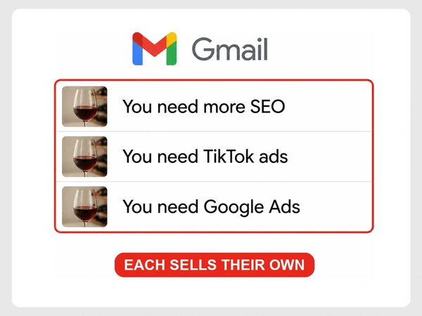 Vintner Row Wines receives Gmail messages separately pushing SEO, TikTok ads, and Google Ads.