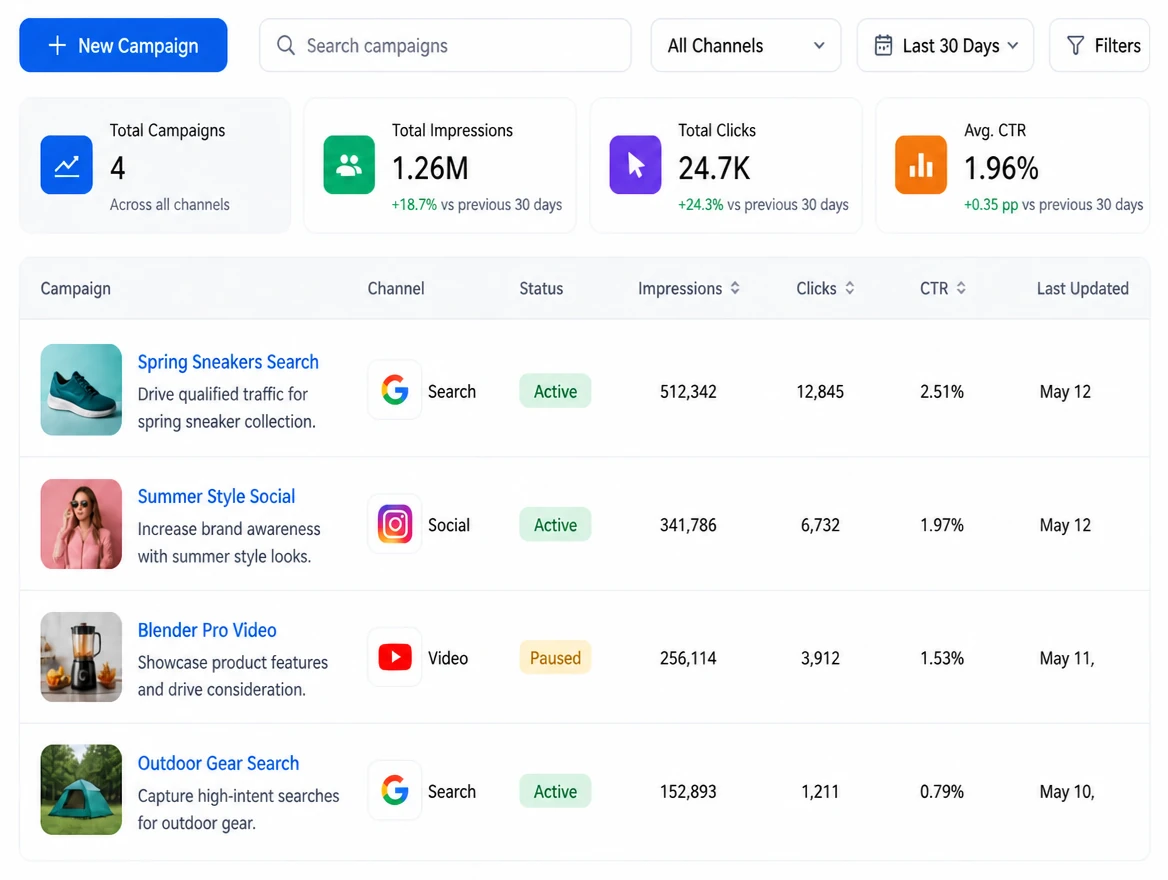 An advertising dashboard showing search, social and video campaigns in one table