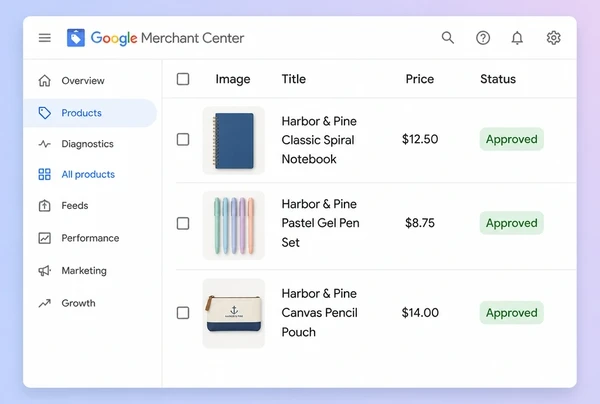 Three approved stationery brand products with photograph and price in Merchant Center