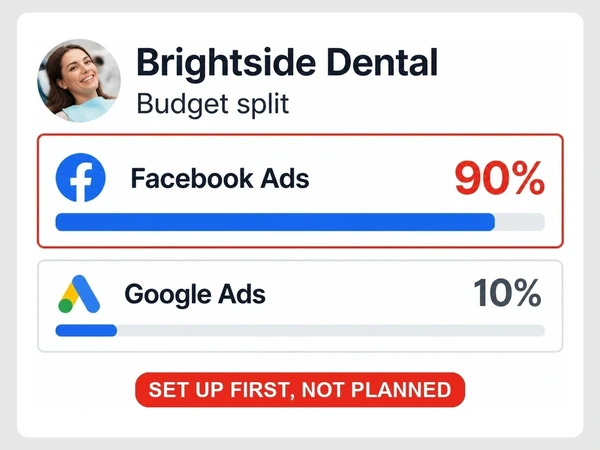 Brightside Dental shows Facebook Ads at 90% red-outlined, Google Ads at 10%, and a set up first, not planned pill.