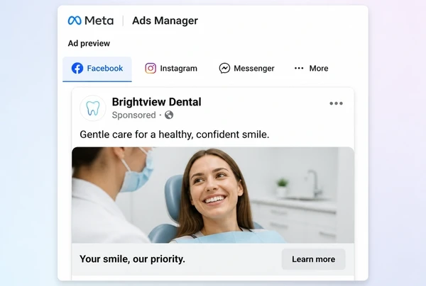 A dental practice advert previewed in the Meta Ads Manager feed placement
