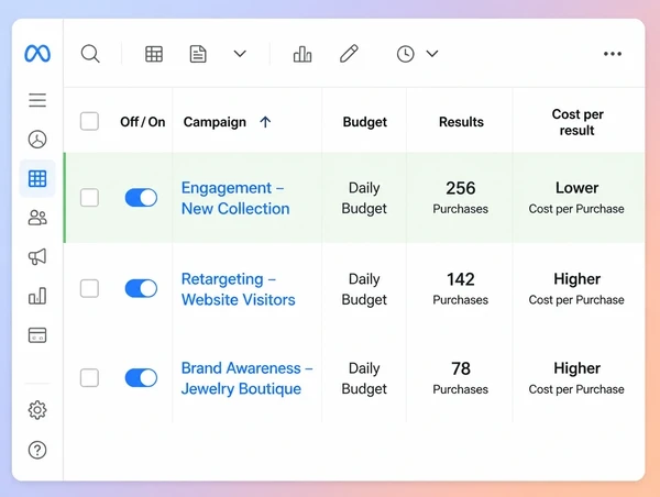 Three jewellery boutique campaigns compared by results and cost in Meta Ads Manager