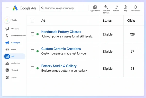 Three live search adverts for a ceramics studio listed in Google Ads