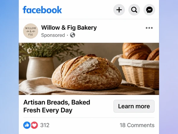 A sponsored artisan bakery post in the Facebook feed with a learn more button