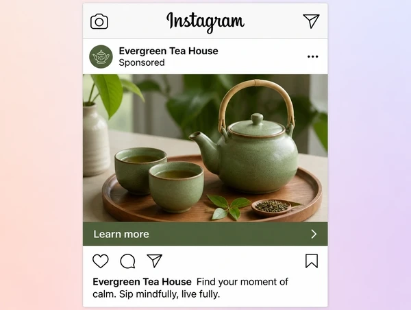 A sponsored tea house post in the Instagram feed with a learn more bar