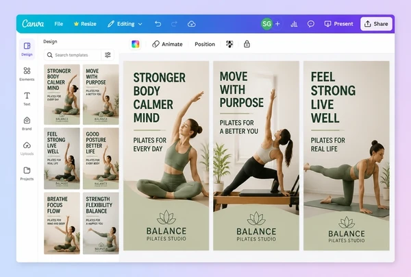 Three versions of one pilates studio advert laid out side by side in Canva