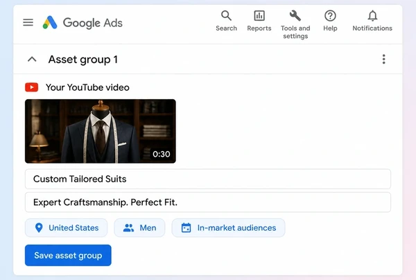 A video campaign in Google Ads holding one bespoke tailor YouTube advert