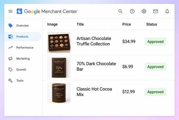 Three approved chocolate maker products with photograph and price in Merchant Center