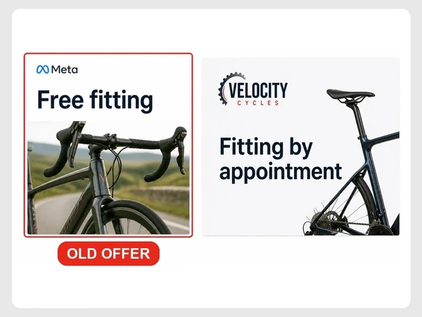 Velocity Cycles Meta ad promises a free bike fit as an old offer while the website says booked by appointment.