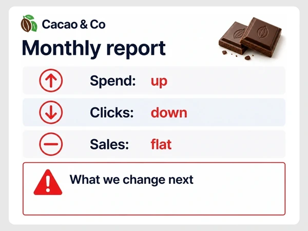 Cacao & Co monthly report shows spend up, clicks down, sales flat, and an empty What we change next box beside a warning triangle.