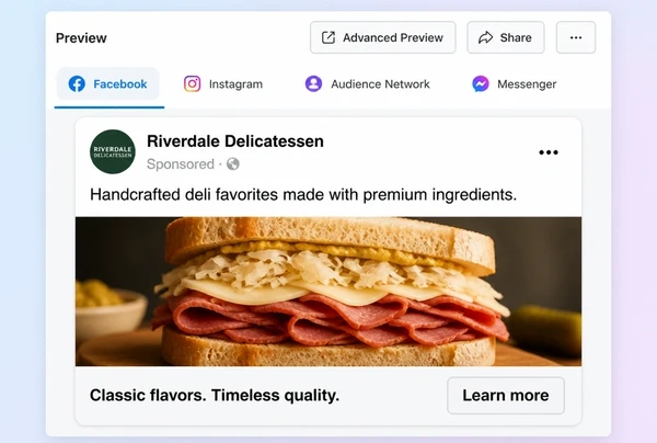 A delicatessen advert previewed in the Meta Ads Manager feed placement