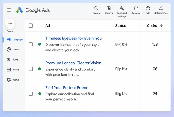 Three live search adverts for an eyewear brand listed in Google Ads