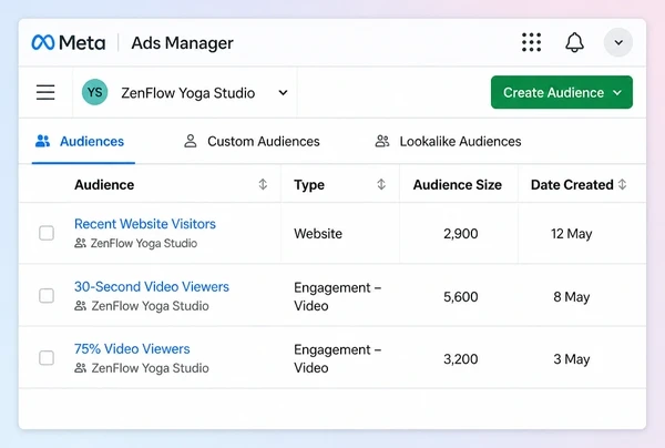 Three saved audiences of past yoga studio visitors in Meta Ads Manager