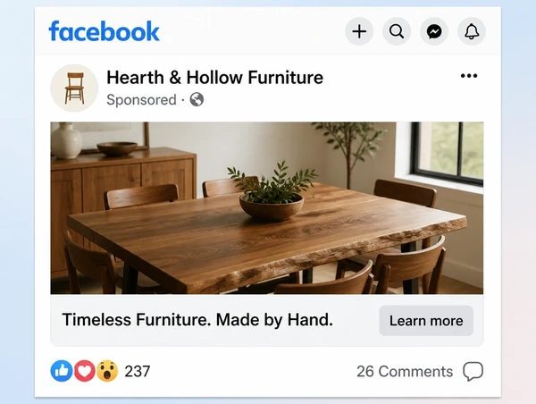 A sponsored furniture maker post in the Facebook feed with a learn more button