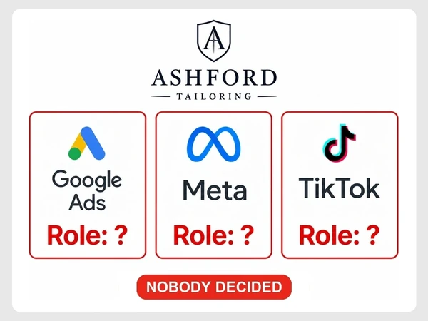 Ashford Tailoring notes show Google Ads, Meta, and TikTok with Role question marks above a red nobody decided label.