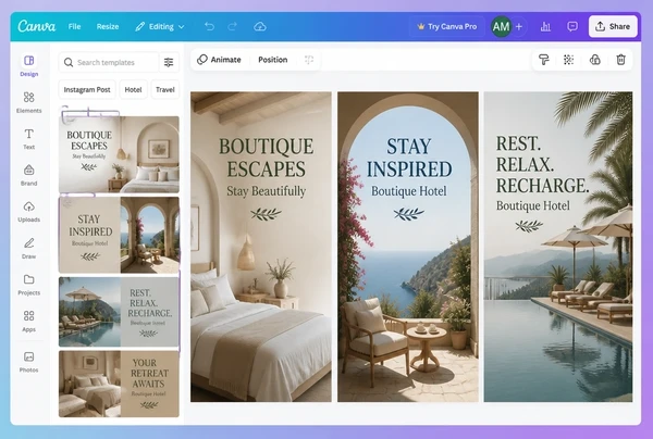 Three versions of one boutique hotel advert laid out side by side in Canva
