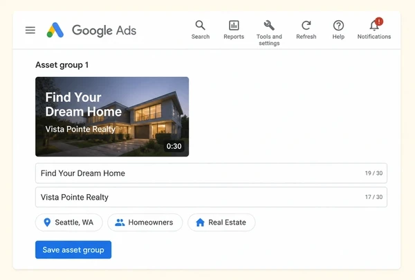 A video campaign in Google Ads holding one real estate YouTube advert