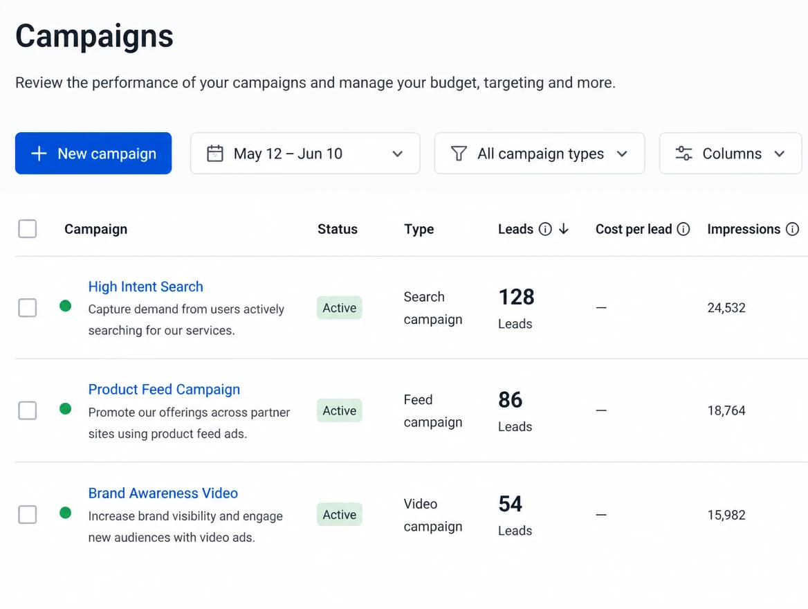 An advertising campaign list showing search, feed and video campaigns with lead counts