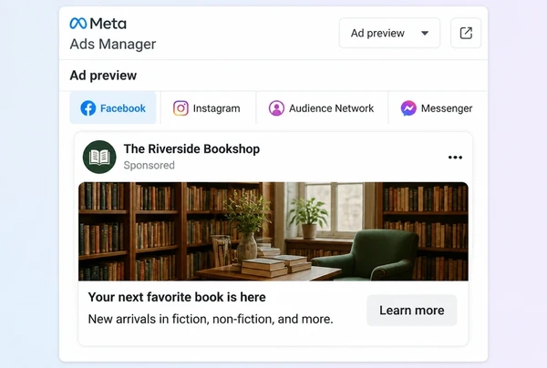 A bookshop advert previewed in the Meta Ads Manager feed placement
