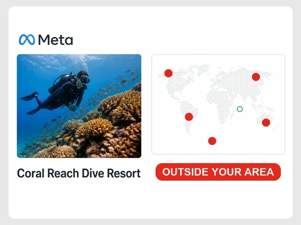 Coral Reach Dive Resort Meta audience map shows red dots outside a small green circle and the warning Outside Your Area.