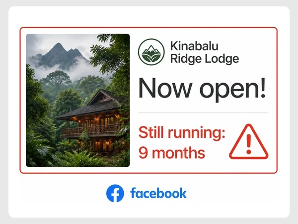 Kinabalu Ridge Lodge Facebook ad says Now open while Still running: 9 months appears in red beside a warning triangle.