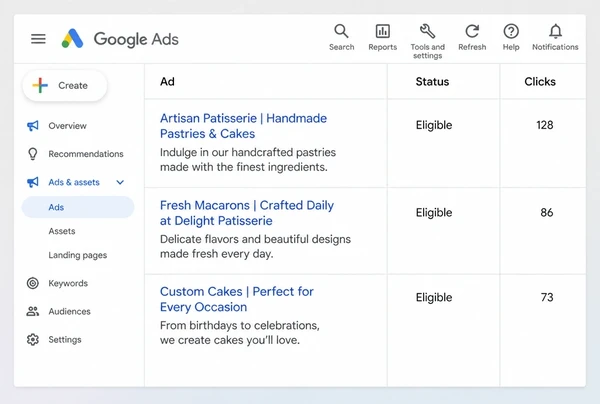 Three live search adverts for a patisserie listed in Google Ads