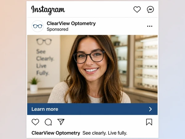 A sponsored optometry practice post in the Instagram feed with a learn more bar