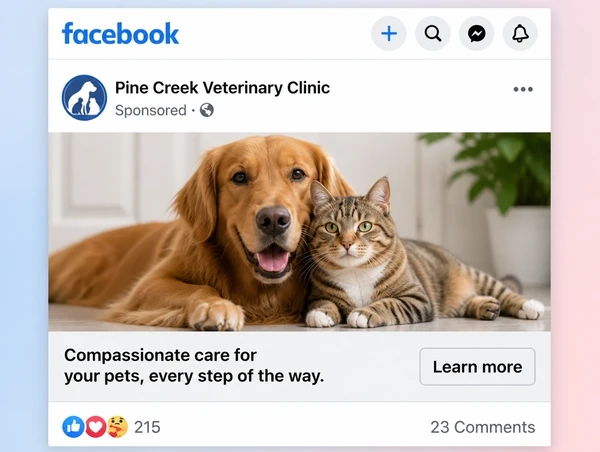 A sponsored veterinary practice post in the Facebook feed with a learn more button