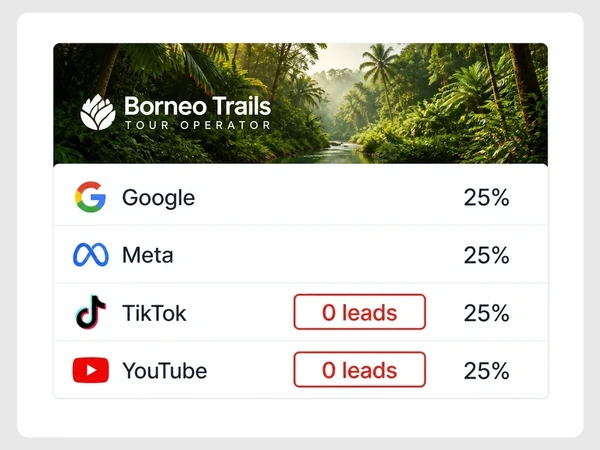 Borneo Trails budget card gives Google, Meta, TikTok, and YouTube 25% each, with TikTok and YouTube showing 0 leads.