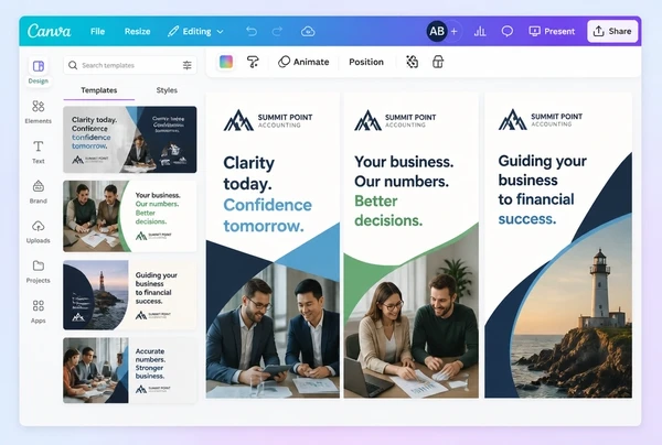 Three versions of one accountancy practice advert laid out side by side in Canva