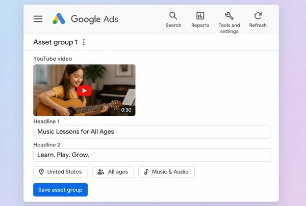 A video campaign in Google Ads holding one music school YouTube advert