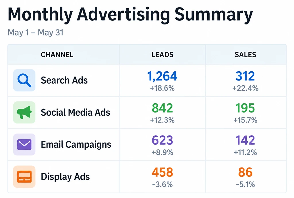 A monthly advertising summary comparing leads and sales for each channel