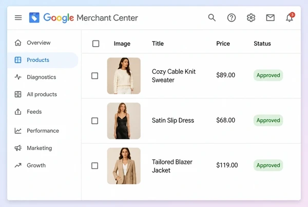 Three approved fashion boutique products with photograph and price in Merchant Center