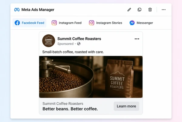 A coffee roastery advert previewed in the Meta Ads Manager feed placement