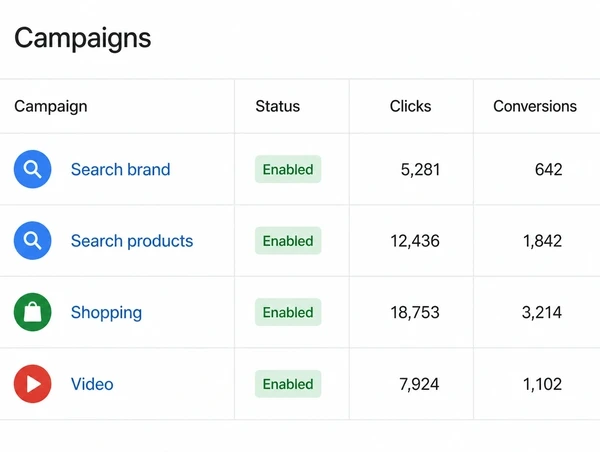 A Google Ads campaigns panel listing four furniture campaigns with clicks and conversions