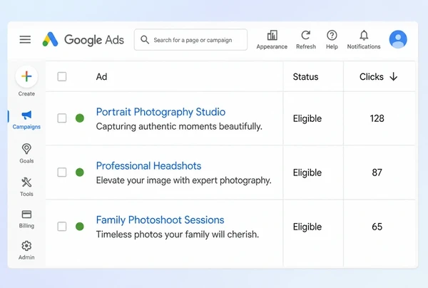 Three live search adverts for a photography studio listed in Google Ads
