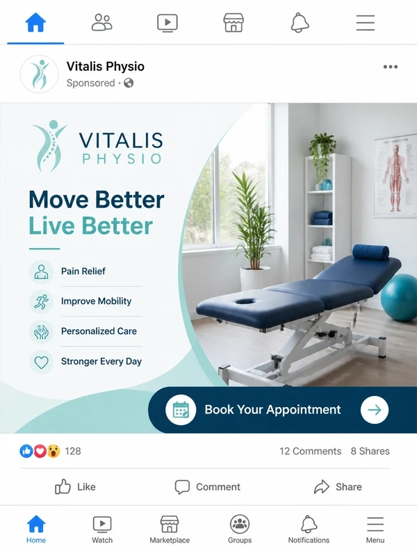 A mobile feed advertisement for a physiotherapy clinic
