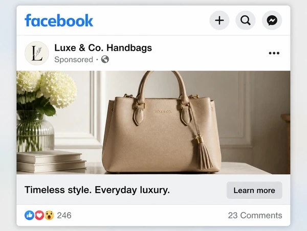A sponsored handbag brand post in the Facebook feed with a learn more button