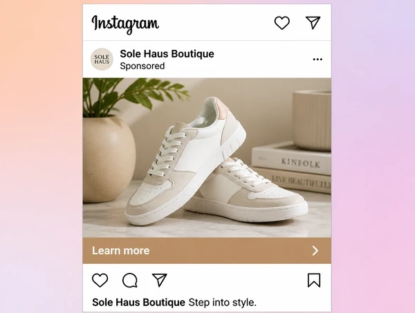 A sponsored shoe boutique post in the Instagram feed with a learn more bar
